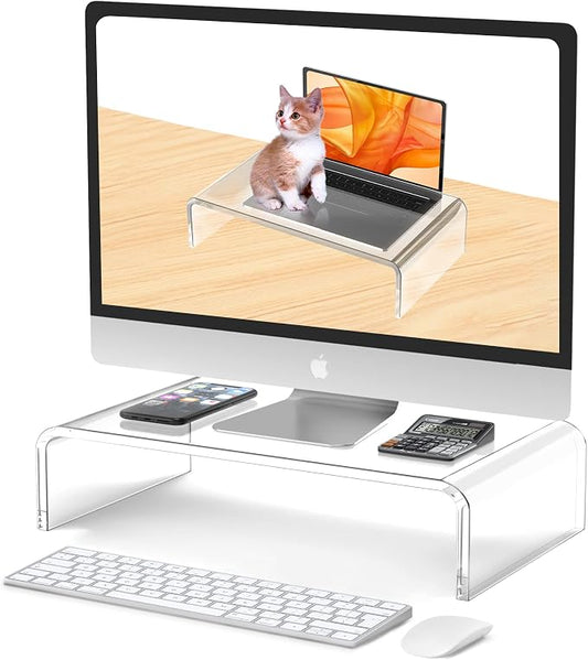 Acrylic Monitor Stand Riser Clear Laptop Stand Riser L14 xW7.5 xH4 | Compatible with All Notebooks and Monitor, Computer Stand for Desk Organizer, White Aesthetic Design, For Office Home iMac by Beimu