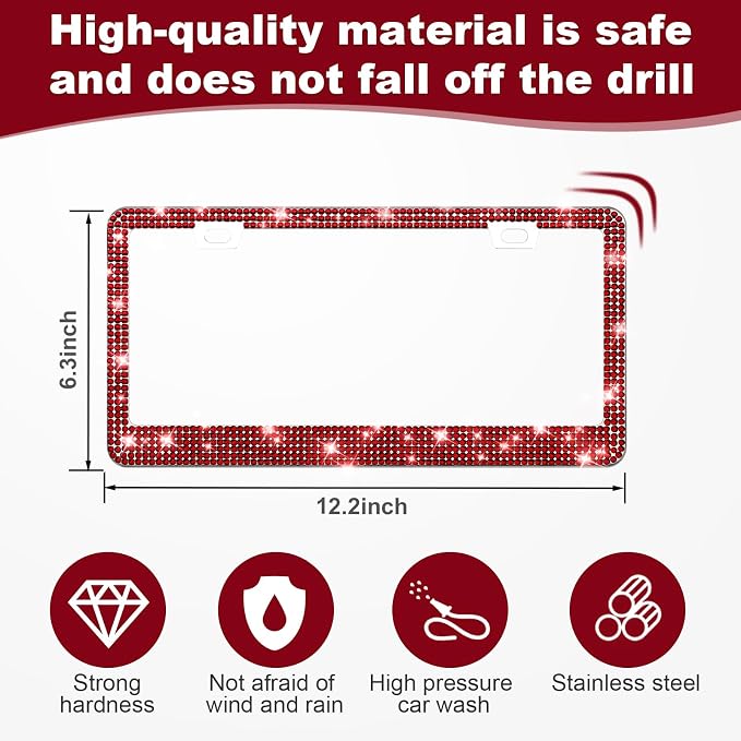 QUANQIUFEI 2 Pack Bling License Plate Frames for Women, Sparkly Rhinestone Diamond Car Accessories with Glitter Crystal Caps (Burgundy) - Image 2