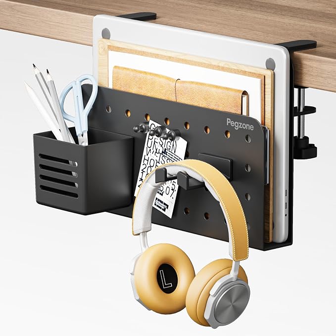 PEGZONE Desk Side Storage Organizer, Fits Flat Edge 0.4" to 2.2", Black | No Drill Under Desk Laptop Holder, Clamp on Desks Shelf with Pegboard Accessories, Hanging Laptop Mount by Pegzone