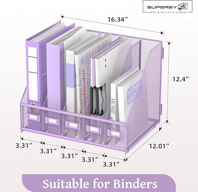 SUPEASY Desk Organizers Metal Desk Magazine File Holder with 5 Vertical Compartments Rack File Organizer for Office Desktop, Classroom, Home Workspace, Purple Plus - Image 3