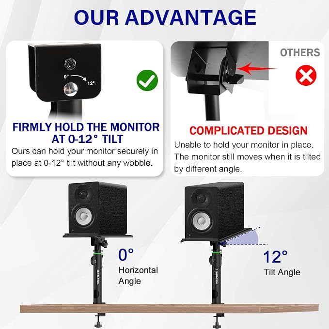Vondynote Pair of Desktop Clamp Speaker Stands 12°Tilt, Cable Management | Heavy Duty Studio Monitor Stands, 12°Tilt, 13"-16.8" Height Adjustable, Cable Management - Image 3