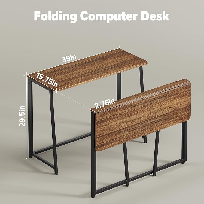 WOHOMO Folding Desk, 39.4" Foldable Computer Table for Small Spaces, Walnut | Easy Assembly and Fold, Sturdy Home office desks for Study Bedroom Dorm Space Saving Writing Work Apartment - Image 2