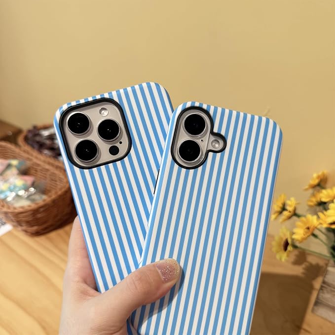 for iPhone 16 Pro Case Striped Cute Aesthetics Phone Case Trendy Protective Shockproof Cover for iPhone 16 Pro Blue White - Image 3