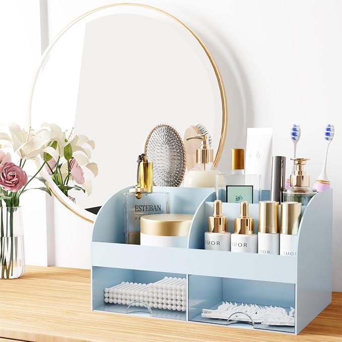 Makeup Organizer with Drawers, Cosmetic Storage for Dresser Vanity and Bathroom Countertop, Beauty Holder for Lipstick Brush, Skincare Organizer for Vanity, Cosmetic Display Case (Blue) - Image 3