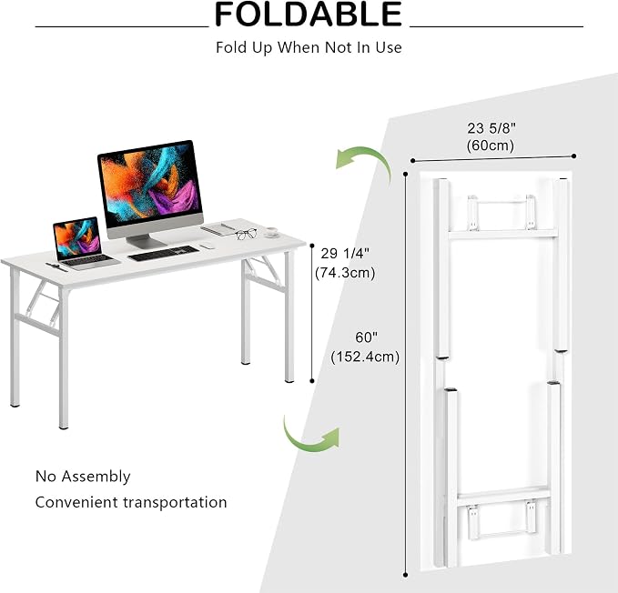 Need Office Computer Desk 60 Inch Sturdy Folding Laptop Table White | White Frame Writing Gaming Work Table/Foldable Home Office Desk/Sewing Table, No Assembly Required - Image 3
