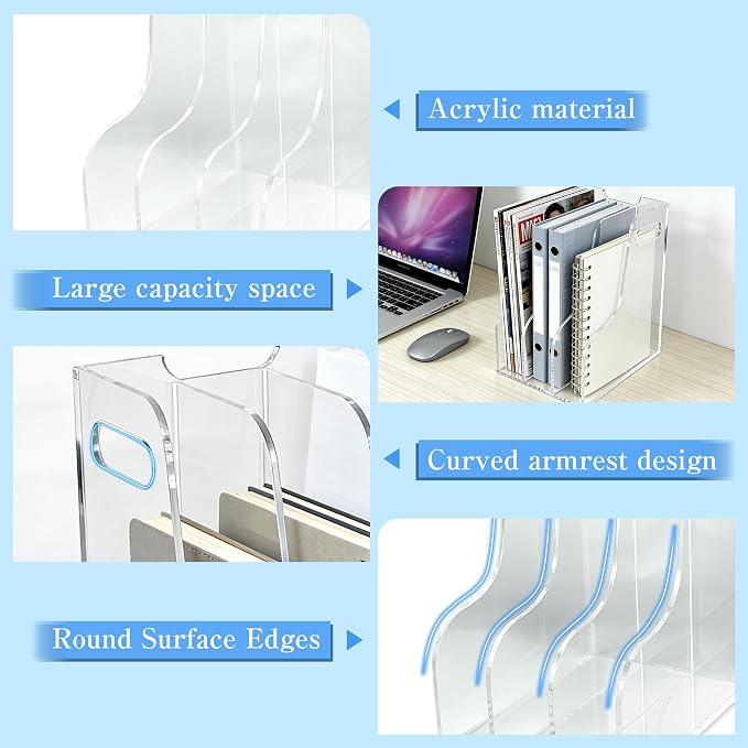3-Tier Clear Acrylic File Holder, Vertical Document Organizer for Magazines, Binders, Notebooks & Envelopes - Multi-Purpose Desk Storage for Home Office（A4,3 Sections） - Image 7