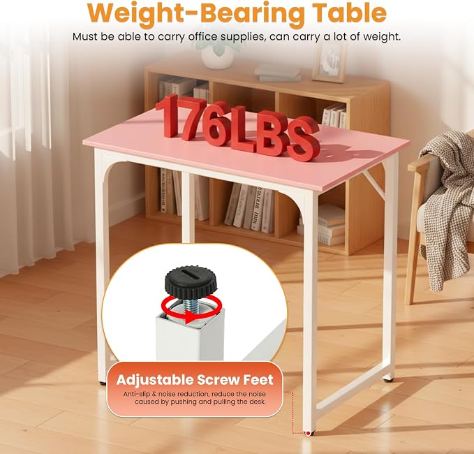 PayLessHere | 32 Inch Computer Desk | Pink | Office Desk with Metal Frame, Adjustable Feet | Water-Resistant, Scratchproof Surface | Sturdy Writing Table for Home Office or Study | Pack of 1 - Image 7