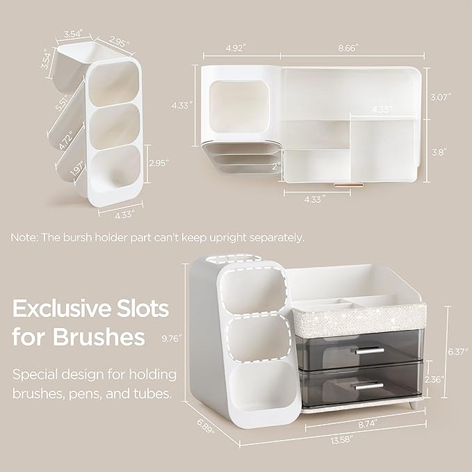 HBlife Makeup Organizer with Brush Holder for Vanity, Large Plastic Bathroom Countertop Organizer Skin Care Storage, Easy to Store Lipsticks, Nail Polishes, Perfumes, Eyeshadow Palettes, Pearl White - Image 3