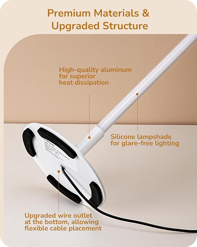 EDISHINE LED Table Lamp, Minimalist Desk Lamps for Home Office, White | Dimmable, 3 Color Temperature, Power Cord Touch Switch, Metal Finish, Ideal for Bedroom, Living Room - Image 2