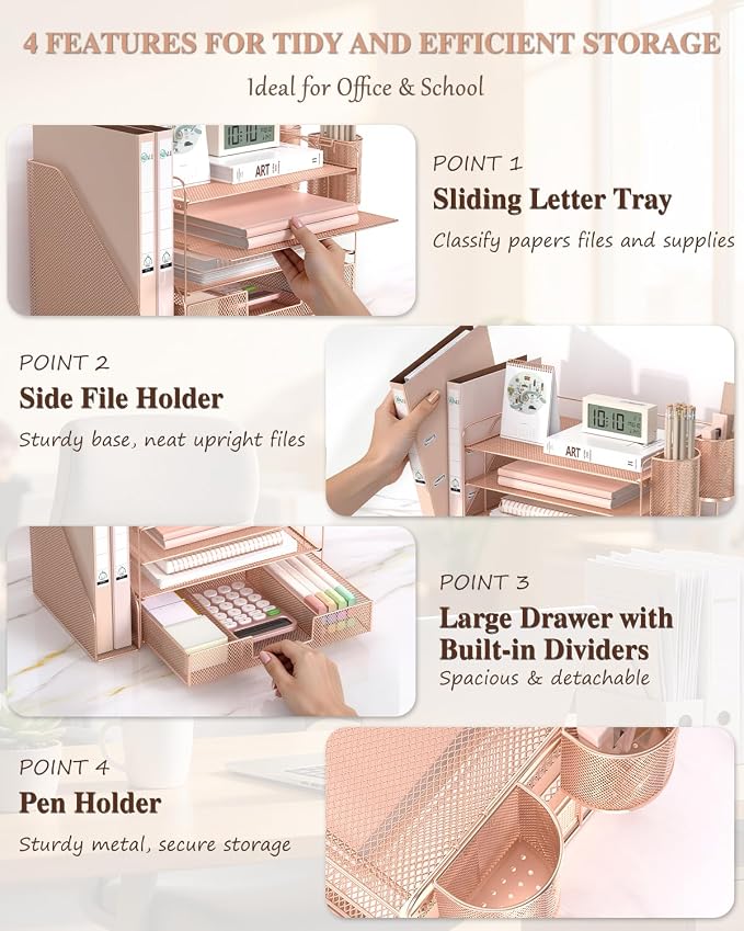 WALI Desk File Organizer, 4 Tier Desktop Paper Letter Tray Organizer with Drawer and 2 Pen Holders, Office Desk Accessories & Workspace Organizers for Office, Home, School Supplies, 1 Pack, Rose Gold - Image 4
