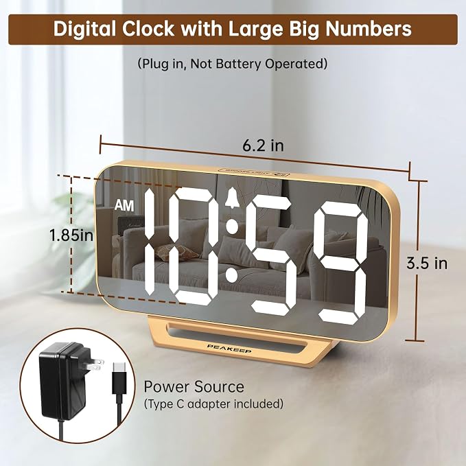 Peakeep Slim Digital Mirror Aesthetic Alarm Clock for Bedrooms Desk Decor | Plug in Electric Big LED Modern Small Clock for Office Living Room, Battery Backup, 6 Dimmers (Gold) - Image 2