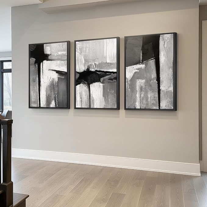 Large Framed Black and White Gray Abstract Wall Art, 3 Piece Modern Canvas Prints Paintings Artwork for Walls, Grey Abstract Pictures for Living Room Hallway Bedroom Office Wall Decor Total 30x60 In - Image 2