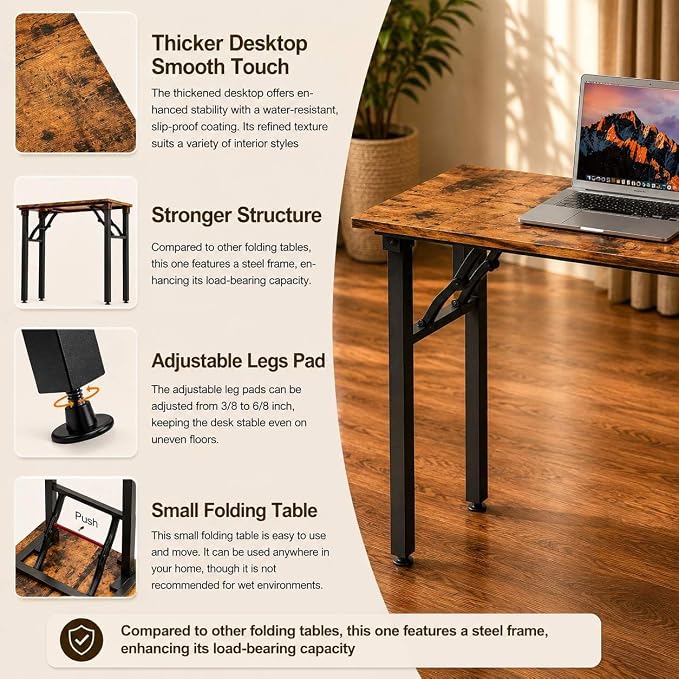 Folding Table Computer Desk - 43.3" No Assembly Folding Desk Design and Foldable Office Desk, Small Desk for Bedroom, Compact Storage Portable Use for Dorm and RV Small Space, Rustic Brown - Image 6