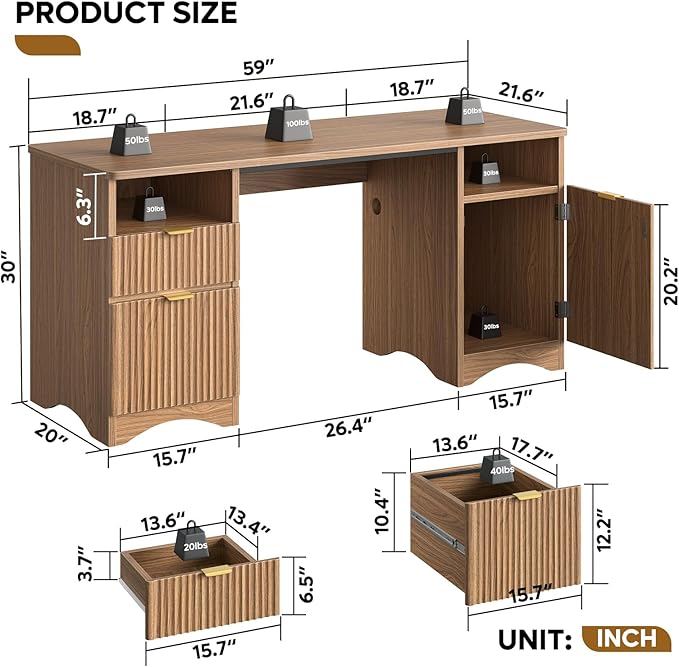 Bestier 59 inch Computer Desk with 2 Drawers, Office Desk with Storage File Cabinet and 2 Open Storage Shelves, Modern Fluted Executive Desk for Home Office Bedroom, Brown Oak - Image 2