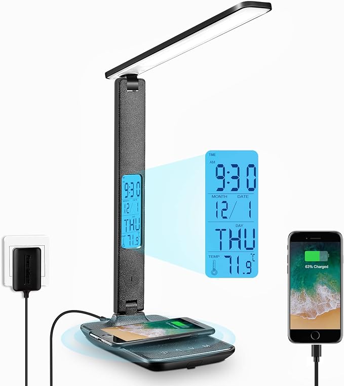 LAOPAO Desk Lamp with Wireless Charger: USB Charging Port, Table Lamp with Clock, Desk Lamps for Home Office College Dorm Room Essentials by LAOPAOInc-TheUSA