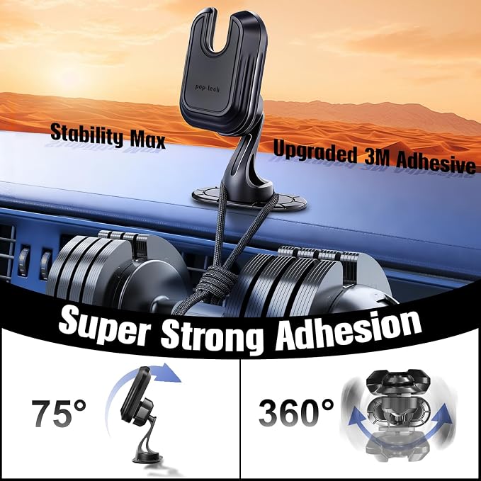 Car Phone Mount for Pop Socket: Strong Adhesive Cell Phone Holder for Automobile Dashboard - Adjustable Dash Sticky Cellphone Stand for iPhone Samsung with Thick Socket Wallet Grip Card Holder - Image 3