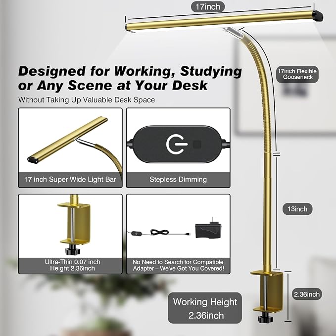Airlonv LED Desk Lamp for Office Home, Eye-Caring Desk Light with Stepless Dimming Adjustable Flexible Gooseneck, 10W USB Adapter Desk Lamp with Clamp for Reading, Study, Workbench (Gold) - Image 3