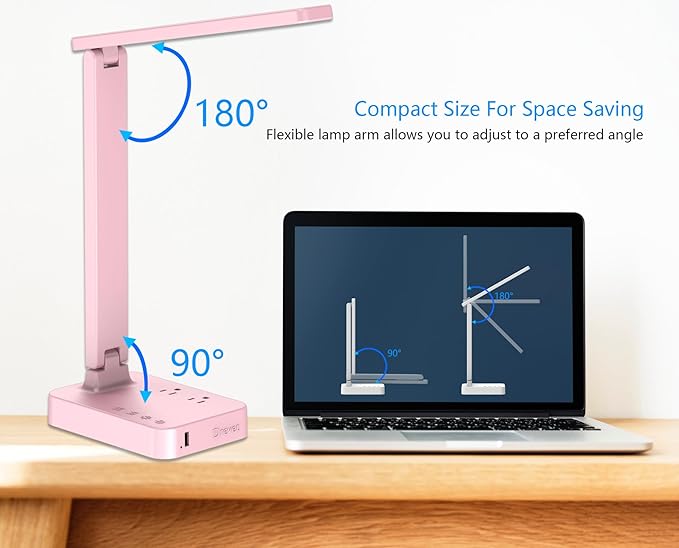 Drevet LED Desk Lamp, Desk Light with 1 USB Charging Port and 2 AC Power Outlet, 3 Lighting Modes, 3 Level Brightness,1H Timer, Touch Control, Eye-Caring Home Office Foldable Table Lamp (Pink) - Image 5