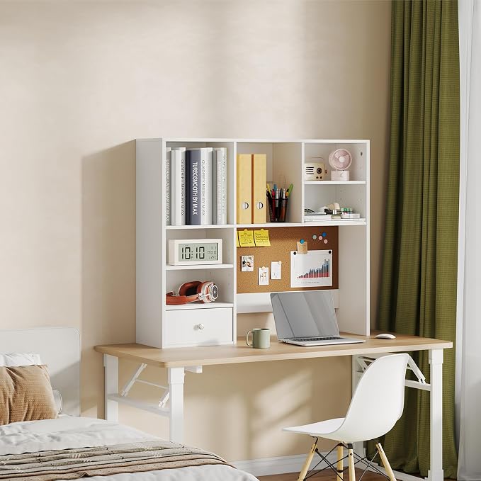 Desk Hutch Dorm with Cork Board, Shelves and Drawer | Desktop Bookshelf for College Dorm, Student Bedroom, White - Image 7