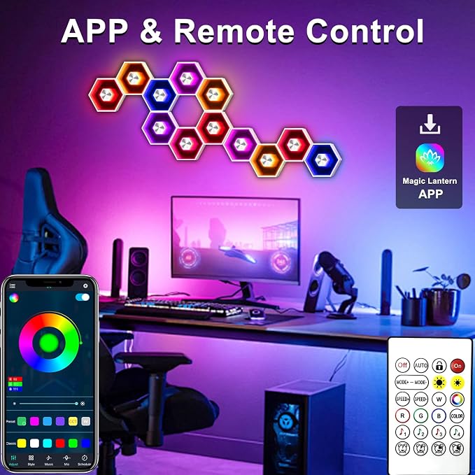 Hexagon LED Lights - 8 Pack Smart APP RGB | Gaming LED Light with Remote Control & Music Sync Honeycomb Shape Hexagon Wall Lights for Bedroom, Gaming Decor - Image 2