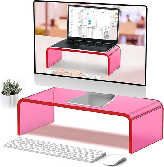 Acrylic Monitor Stand Riser Pink Laptop Stand Riser L15 xW7.5 xH4 | PC Holder,Compatible with All Notebooks and Monitor, Decoration for Office & Home,Pink Aesthetic Design,Office Supplies by Beimu