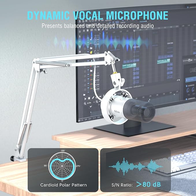 FIFINE AmpliTank K688CTW Dynamic Microphone with Boom Arm, XLR/USB Mic | Studio Vocal Podcast Mic Kit for PC, with Mute Button, Volume Knob, Headphone Jack, for Streaming Recording, White - Image 3