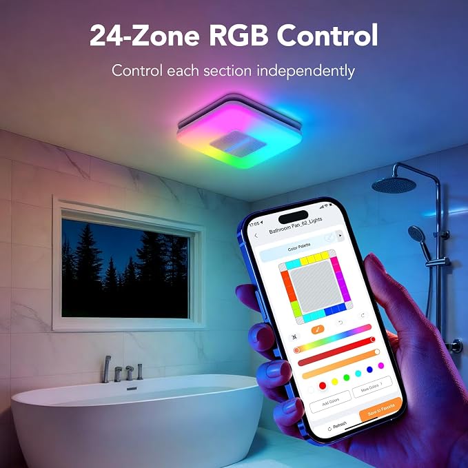 OREiN Matter Smart Bathroom Fan with Light – Humidity Sensor, 130–160 CFM Ventilation, Ultra-Quiet 1.0 Sone, Tunable White & Custom RGB, Dual Bluetooth Speakers, Compatible with Alexa & Google Home - Image 7
