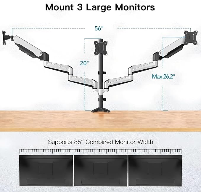 HUANUO Gaming Triple Monitor Stand, Full Motion Articulating Triple Monitor Mount Fit 17 to 32 inch Flat/Curved LCD Computer Screens with Clamp, Grommet Kit, Silver - Image 3
