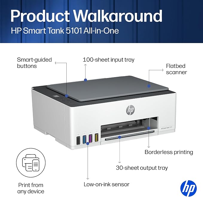 HP Smart Tank 5101 Wireless All-in-One Refillable Printer, Scanner, Copier with 2 Years of Ink Included, Wireless (2.4ghz only) Printer-for-Home use (1F3Y0A) - Image 9