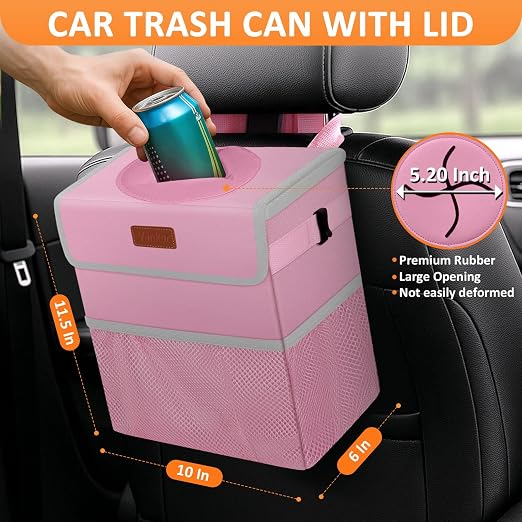 Vankor 3 Gallons Car Trash Can with Lid, Car Trash Bag Bin Hanging Waterproof Automotive Garbage Cans Leak Proof Vehicle Trash Can Pink - Image 2