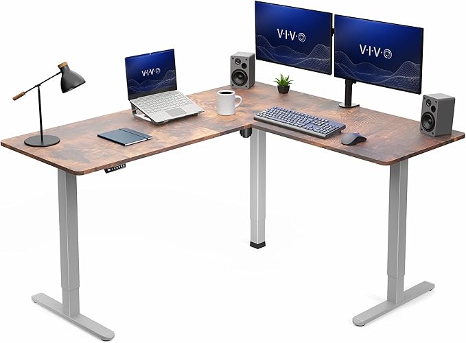 VIVO Vintage Brown 63 x 55 in Corner Standing Desk, DESK-E3CTGN | Electric, Reversible L-Shaped Table, Sit Stand, Height Adjustable, Memory Controller, Office Furniture Sets, Gray Frame by Unknown