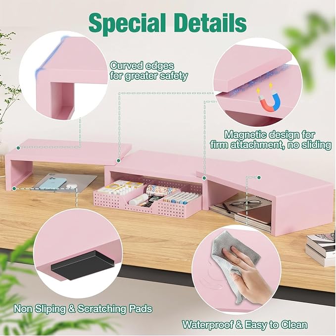 OPNICE Desk Organizers and Accessories, Dual Computer Monitor Stand Riser with Drawer, Office Decor for Women, Office Desk Accessories & Workspace Organizers for Home Office Supplies, Pink - Image 6