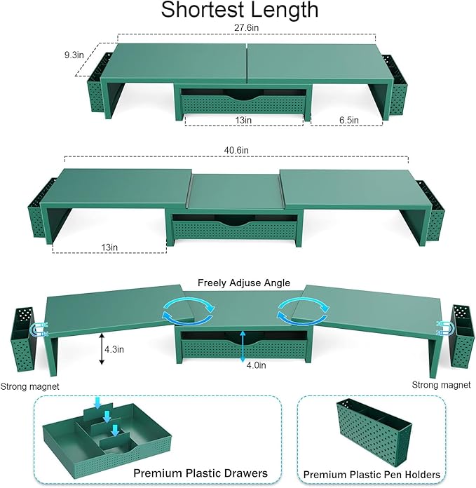 gianotter Dual Monitor Stand Riser, Desk Organizer With Drawer and 2 Pen Holders, Monitor Stand for Desk, Office Decor Essentials (Green) - Image 5