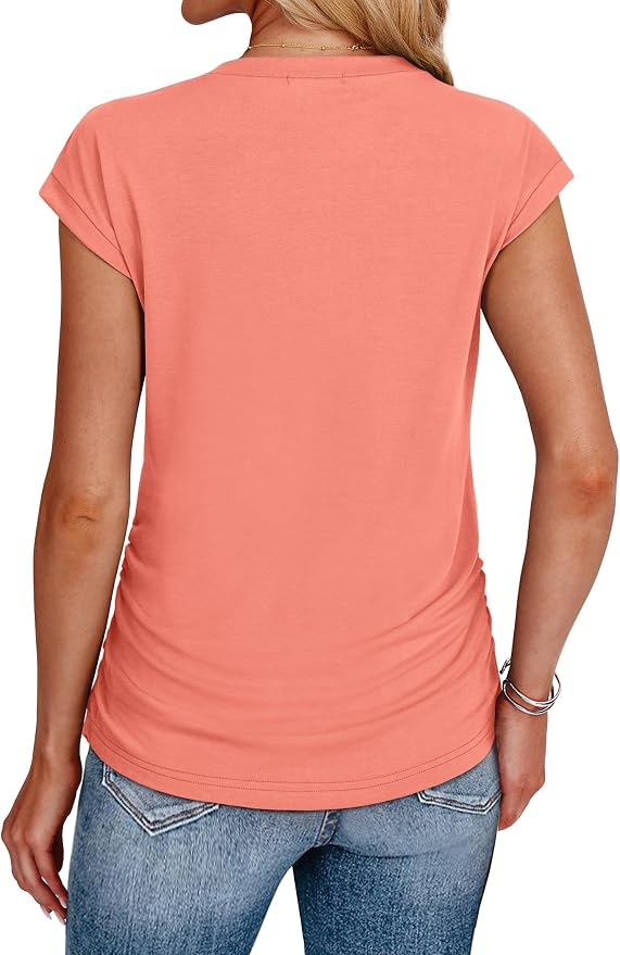 Sampeel Womens Summer Tops Trendy 2026 Ruched Cap Short Sleeve Tshirts Shirts Crew Neck T Shirts Fashion - Image 5