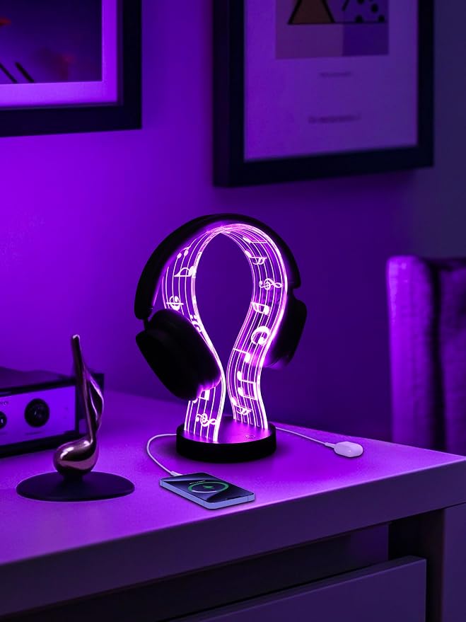 CoolGift Mart Light Up Headphone Stand with 16 Color Lights, Music Notes Pattern Acrylic Headset Stand with 1 USB and 1 Type-C Charging Ports, Gifts for Gamers Men and Music Lovers - Image 4