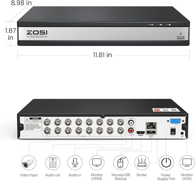 ZOSI H.265+ 1080P FHD 16 Channel DVR for Home Security Camera System with AI Human Vehicle Detection, Hybrid 4-in-1(Analog/AHD/TVI/CVI) Surveillance CCTV DVR Recorder, Remote Access, Email Alarm - Image 2