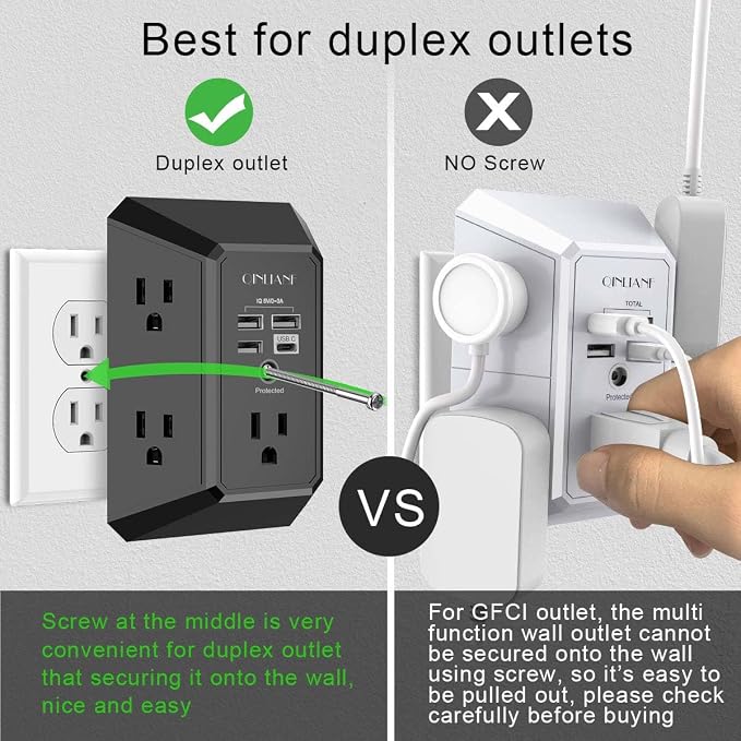 USB Wall Charger, Surge Protector, QINLIANF 5 Outlet Extender with 4 USB Charging Ports (4.8A Total) 3-Sided 1680J Power Strip Multi Plug Outlets Wall Adapter Spaced for Home Travel Office, Black - Image 3