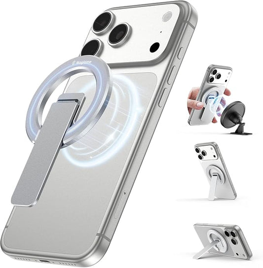 Double-Sided Magnetic Phone Stand Grip, Strong Magnetic Kickstand Desk Holder for Mag&Safe and Smartphone, Foldable Adjustable Design, Silver by Magtame