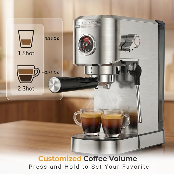 Oaomi Espresso Machine 20 Bar, Compact Expresso Coffee Machines with Milk Frother,Stainless Steel Espresso Maker with 39oz Removable Water Tank for Latte Cappuccino etc (Silver) - Image 7
