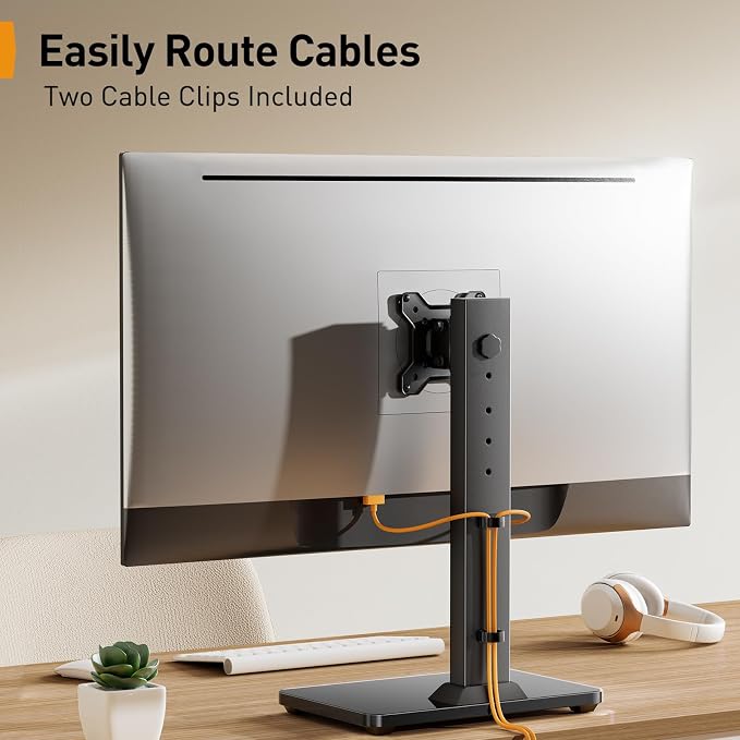Perlegear Single Monitor Stand for 13–34 inch Screens up to 44 lbs | Heavy-duty steel, swivel, tool-free tilt, 360° rotation, 5 height settings, cable management, max VESA 100x100mm, home office - Image 7