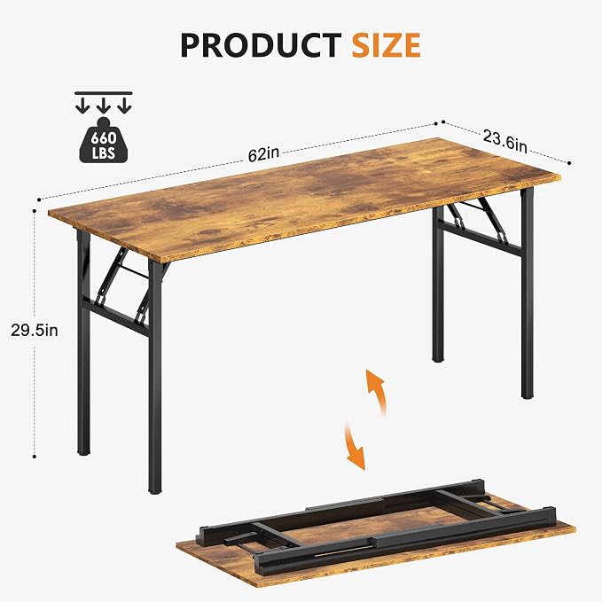 Need Home Office Desk - 62 Inches Large Computer Desk Sturdy Black Table Foldable Desk Gaming Computer Table No Assembly Required Rustic Brown AC5FB(157.5 * 60) | Black Frame Writing Gaming Work Table/Foldable Home Office Desk/Sewing Table, No Assembly... - Image 3