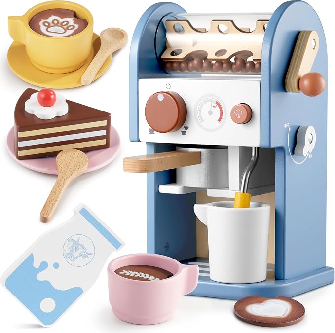 GAGAKU Wooden Coffee Machine Toy with Grinder，15 pcs Wood Play Kitchen Accessories for Kids Non-Toxic Pretend Play Barista Set Learning Gift for Toddlers Girls Boys Ages 3+ by GAGAKU