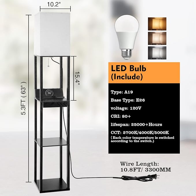 Floor Lamp with Shelves, RUNTOP LED Shelf Floor Lamp with Wireless Charger & 2 Charging USB Ports & Drawer, AC Outlet, 3 Color Temperature Tall Standing Lamp with Bulb for Living Room, Bedroom, Office - Image 5