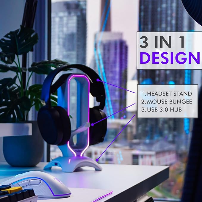 Tilted Nation Gaming Headphone Stand | RGB Headset Stand White | Headset Holder for Desk with Mouse Bungee and USB Hub | The Ultimate Gaming Accessories for Gamers for PS5, Xbox, PC - White - Image 2