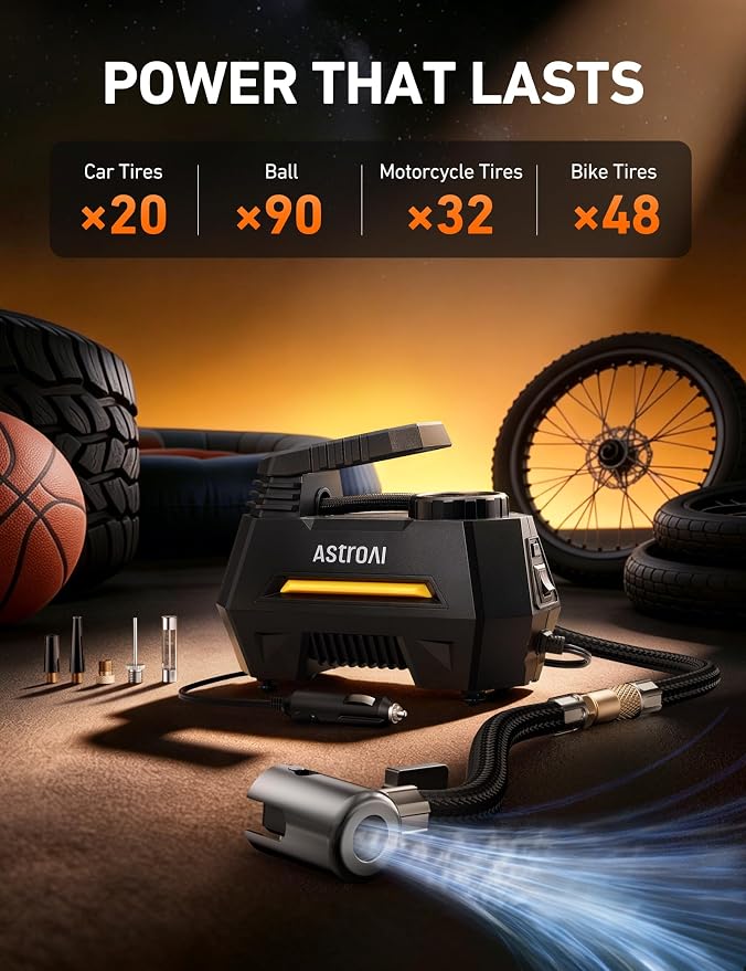 AstroAI AIRUN H Tire Inflator Portable Air Compressor,9.8Ft Cord-12VDC-Powered Auto Shut-Off,Fast Inflation Electric Air Pump for Car Tires-Car Accessories with Digital Pressure Gauge,LED Light,Yellow - Image 4