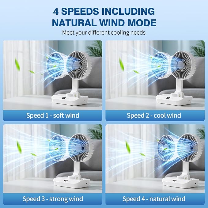 Morelax Dual Head Desk Fan with LED Light, USB Rechargeable Portable Mini Fan, Quiet Desktop & Wall-Mounted Fan, Multi-Angle Rotation, 4 Speeds, for Bedroom, Home, Office, Camping - Image 4