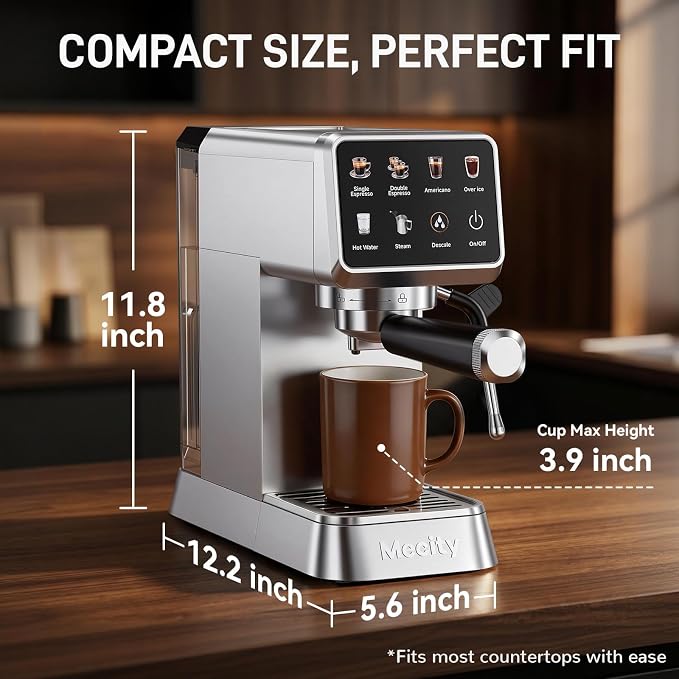 Mecity 20 Bar Espresso Machine with Milk Frother, Touchscreen Coffee Maker for Espresso, Americano & Over Ice Coffee, Compact Stainless Steel Latte & Cappuccino Maker - Image 8