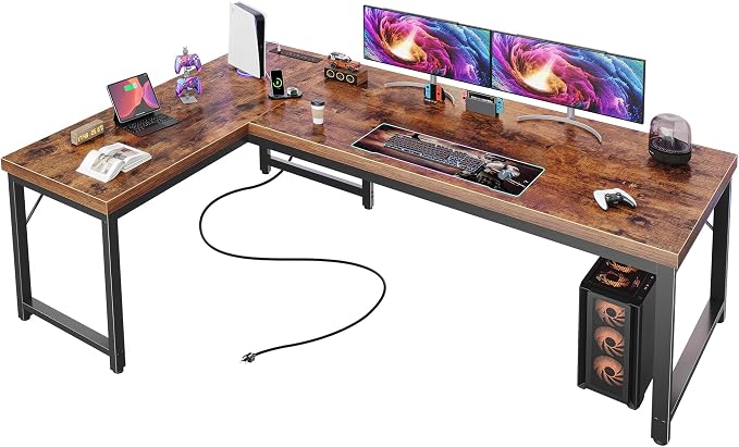 Huuger 63 Inch L Shaped Desk with Power Outlets and USB-C Port, 0.95 Inch Thicker Desktop, Reversible Computer Desk, Larger Office Corner Gaming Desk, Metal Frame, for Home Office, Study, Rustic Brown by Huuger