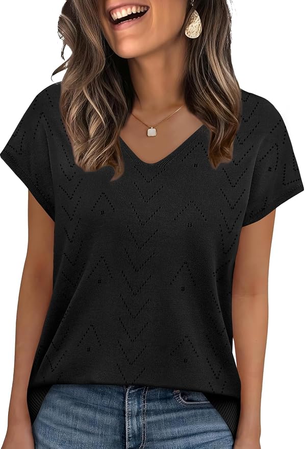 WIHOLL Short Sleeve Sweater for Women V Neck Trendy Cute Tops Business Casual Outfits Cap Sleeve - Image 2