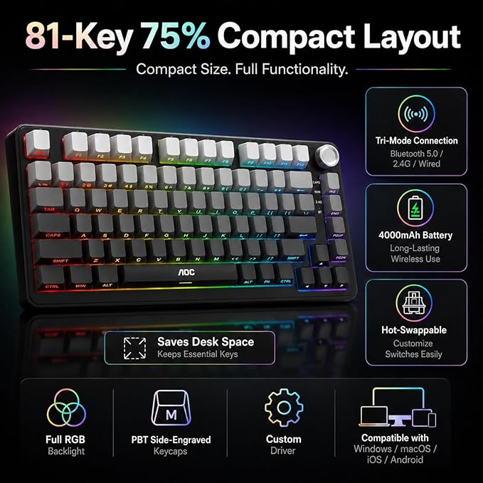 AOC GK330 75% Wireless Mechanical Gaming Keyboard, Hot-Swappable 3-Mode RGB | BT/2.4GHz/USB-C Connectivity, Pre-Lubed Reaper Switches, Anti-Ghosting, Gasket Mount and 5-Layer Sound-Dampening Padding - Image 3